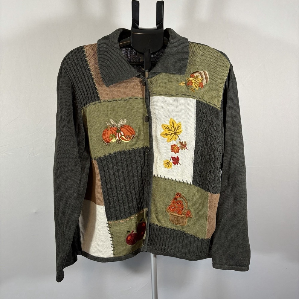 BonWorth Large Autumn Fall Cardigan Pumpkin Cottage Beads Patchwork Chunky VTG
